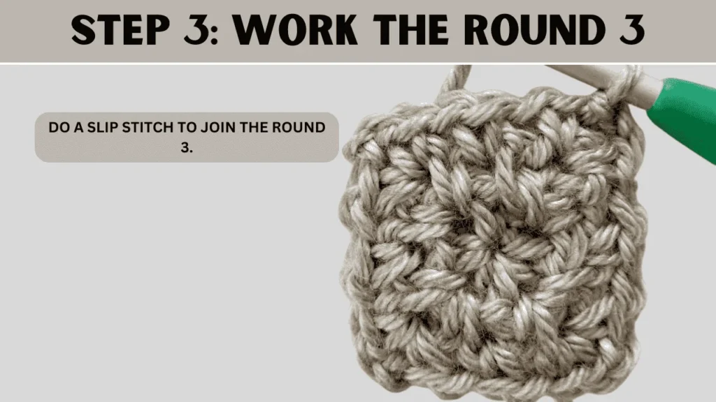To Moss Stitch Crochet In Round, in this step: Do a slip stitch to join the round 3.