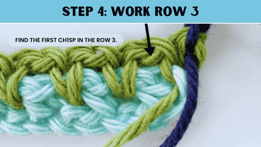 To most stitch crochet. In this step: Find the first ch1sp in the row 3.
