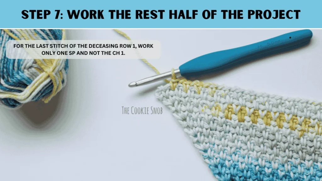 To moss stitch crochet, in this step: For the last stitch of the deceasing row 1, work only one sp and not the ch 1.