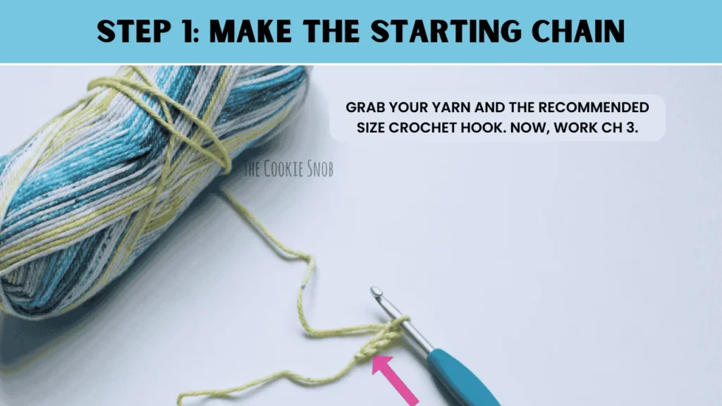 To moss stitch crochet, in this step: Grab your yarn and the recommended size crochet hook. Now, work ch 3.