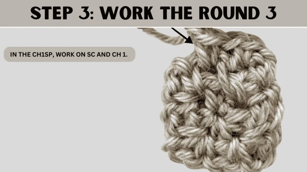 To Moss Stitch Crochet In Round, in this step: In the ch1sp, work on sc and ch 1.
