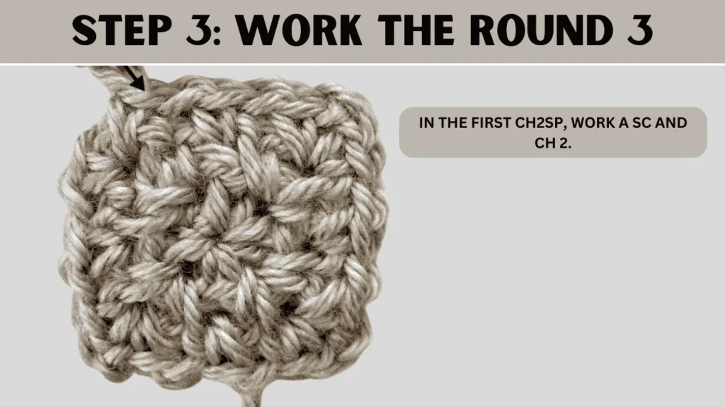 To Moss Stitch Crochet In Round, in this step: In the first ch2sp, work a sc and ch 2.