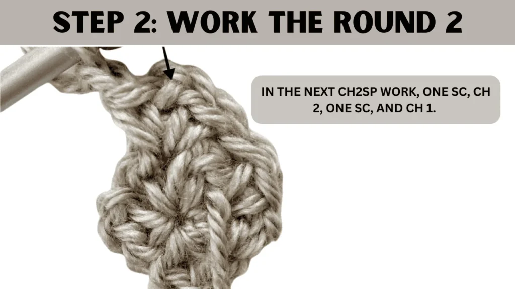 To Moss Stitch Crochet In Round, in this step: In the next ch2sp work, one sc, ch 2, one sc, and ch 1.
