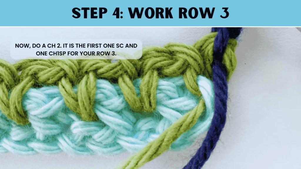 To most stitch crochet. In this step: Now, do a ch 2. It is the first one sc and one ch1sp for your row 3.