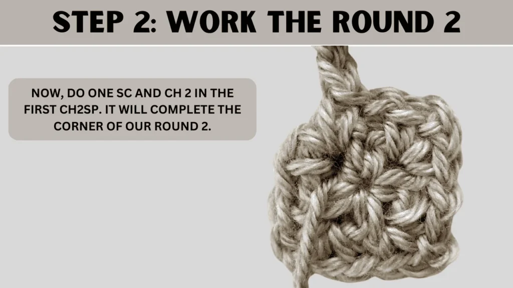 To Moss Stitch Crochet In Round, in this step: Now, do one sc and ch 2 in the first ch2sp. It will complete the corner of our round 2.