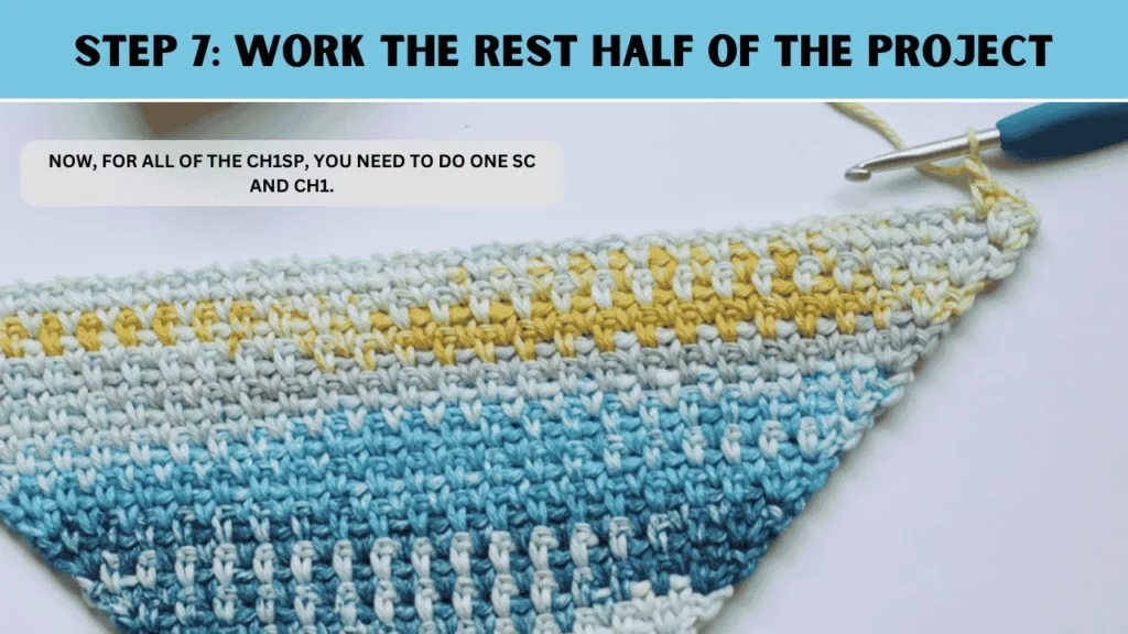 To moss stitch crochet, in this step: Now, for all of the ch1sp, you need to do one sc and ch1.
