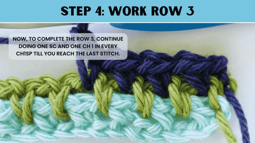 To most stitch crochet. In this step: Now, to complete the row 3, continue doing one sc and one ch 1 in every ch1sp till you reach the last stitch.
