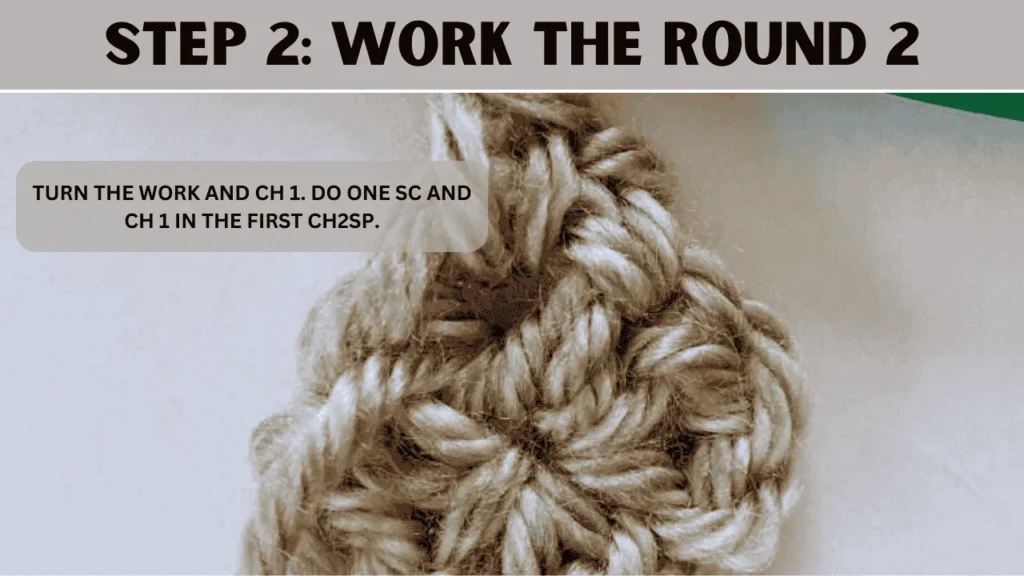To Moss Stitch Crochet In Round, in this step: Turn the work and ch 1. Do one sc and ch 1 in the first ch2sp.