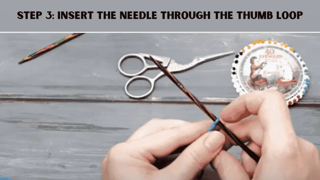 To Single Cast On Knitting For Beginners, the 3rd step is to Insert the Needle Through the Thumb Loop