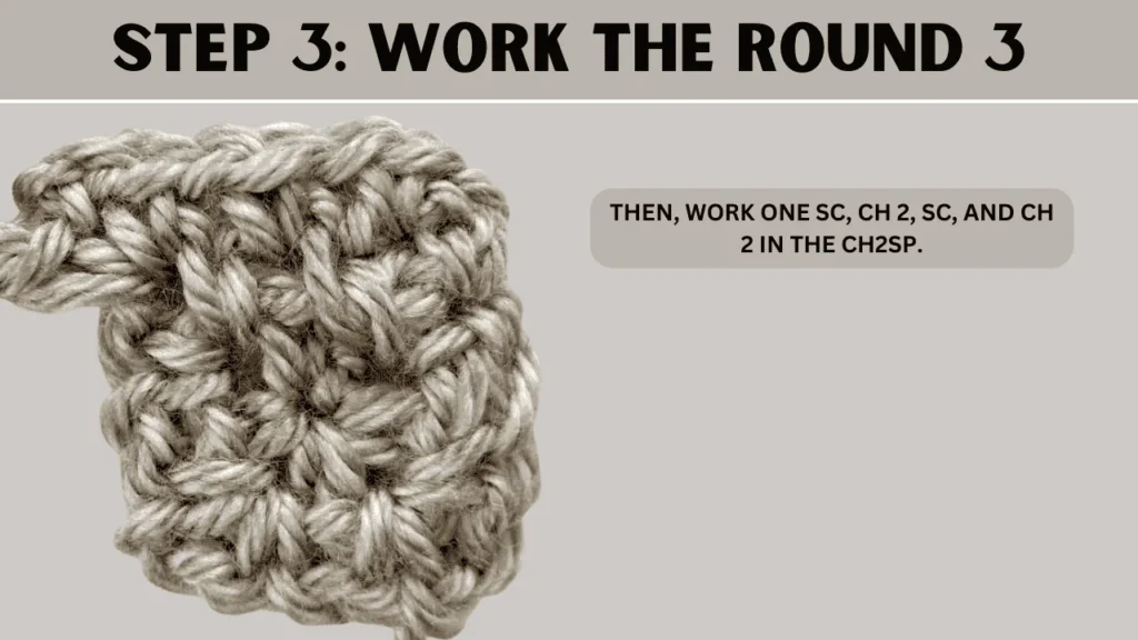 To Moss Stitch Crochet In Round, in this step: Then, work one sc, ch 2, sc, and ch 2 in the ch2sp.