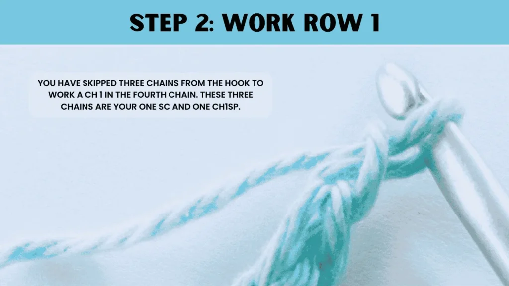 To moss stitch crochet, in this step You have skipped three chains from the hook to work a ch 1 in the fourth chain. These three chains are your one sc and one ch1sp.