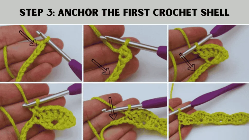 To crochet shell stitch, the 3rd step is to Make the Anchor the First Crochet Shell