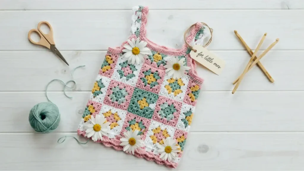 Granny stitch crochet summer tank top for kids in pastel cotton yarn — free pattern