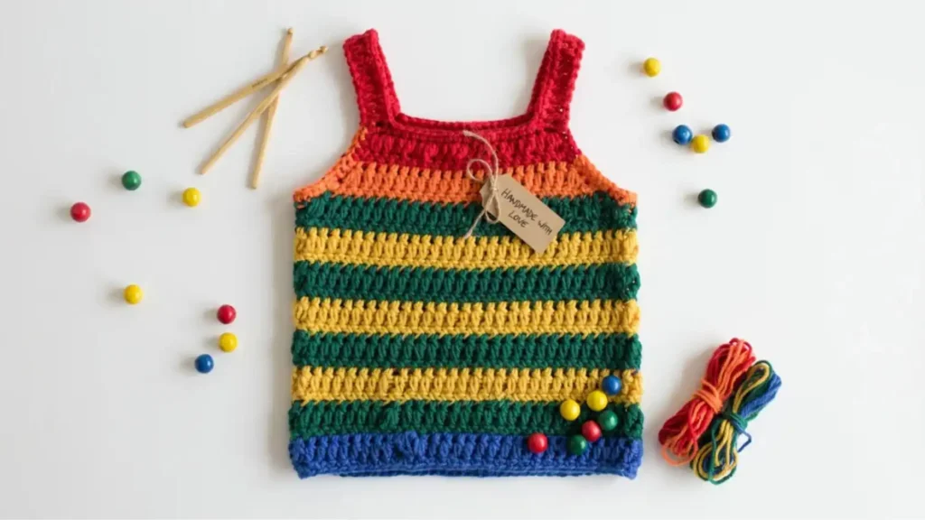  Striped rainbow crochet tank top for kids in bold multicolor cotton yarn — easy free pattern
