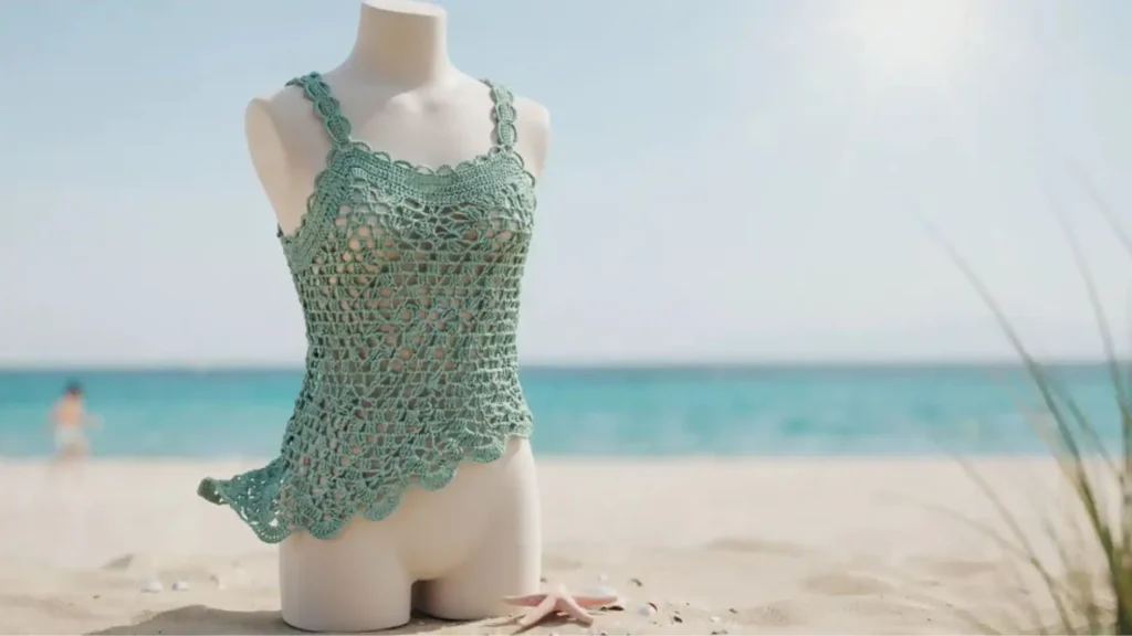  Mesh lace crochet beach top for kids in seafoam green cotton yarn with airy open stitch — free pattern