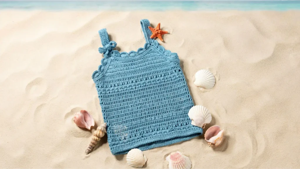 Bayside crochet tank top for girls in aqua blue cotton yarn — free summer pattern