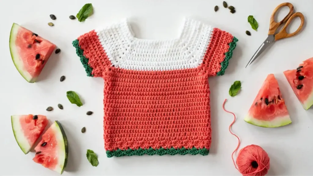  Watermelon color block crochet summer top for kids in pink white and green cotton yarn — free pattern