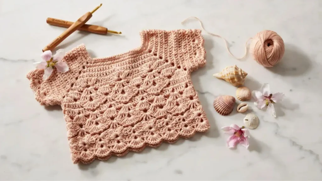 Shell stitch crochet breezy top for kids in soft peach cotton yarn with scalloped hem — free pattern
