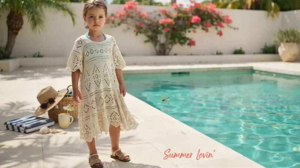 Summer Lovin crochet swim cover-up for kids in ivory lace stitch cotton yarn — free pattern