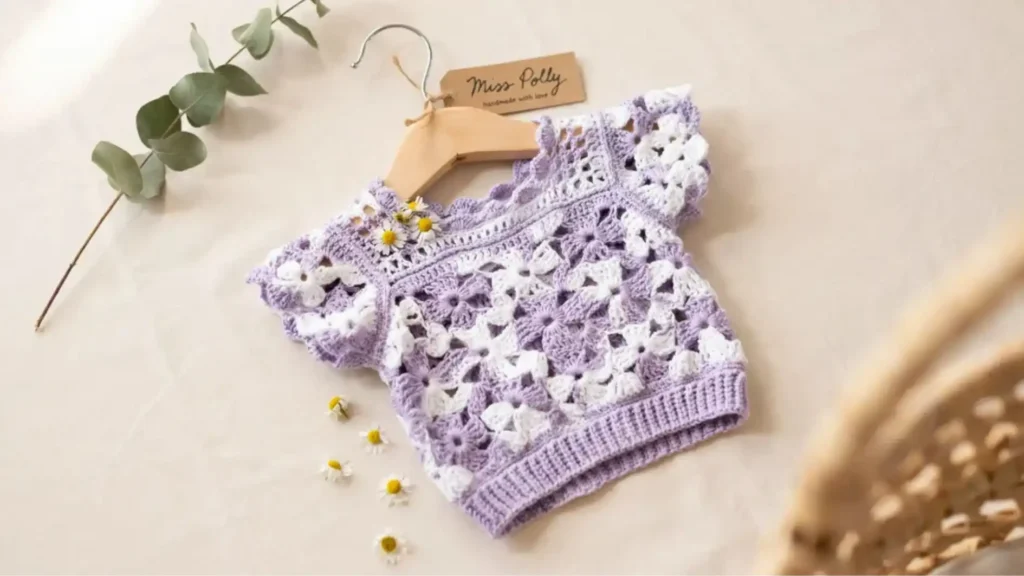  Miss Polly crochet summer top for kids in lavender cotton ease yarn beginner free pattern