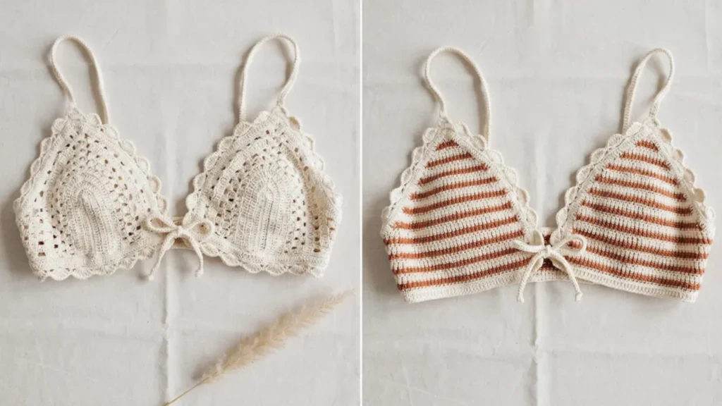 Reversible crochet bikini top pattern shown in two color styles