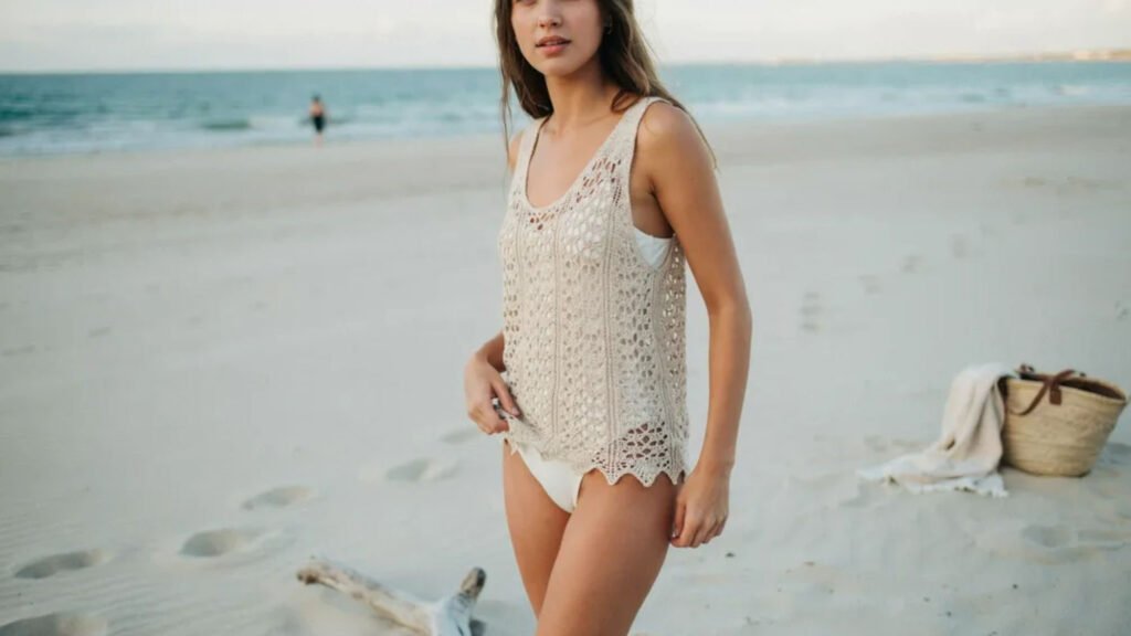 Chunky cream crochet festival crop top with oversized stitches and relaxed boho fit styled with high-waisted denim shorts