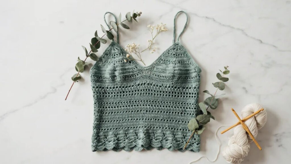 Colourful patchwork crochet tank top made from joined granny squares in mustard terracotta and cream yarn