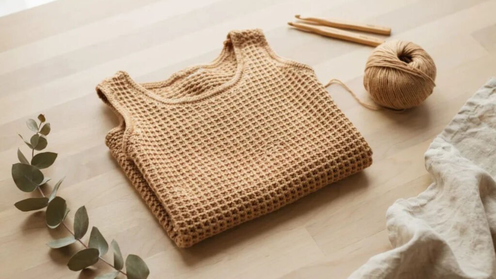 Cream and terracotta crochet top featuring repetitive granny stitch pattern with a bohemian handmade aesthetic