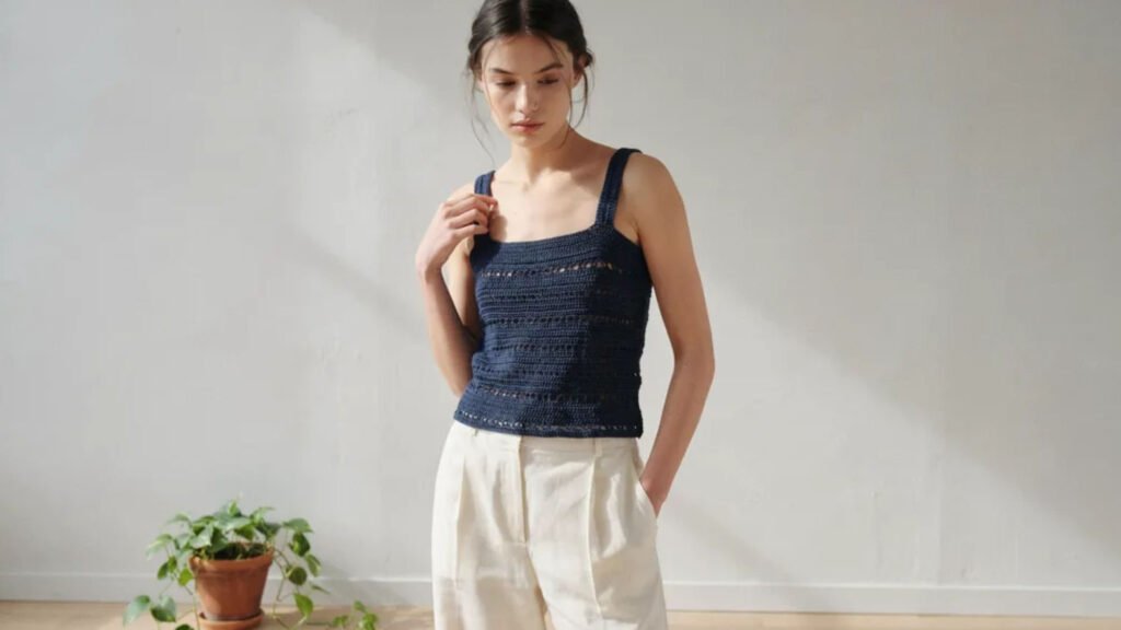 Cheerful striped crochet top in alternating coral white and lemon yellow worked in simple single crochet rows