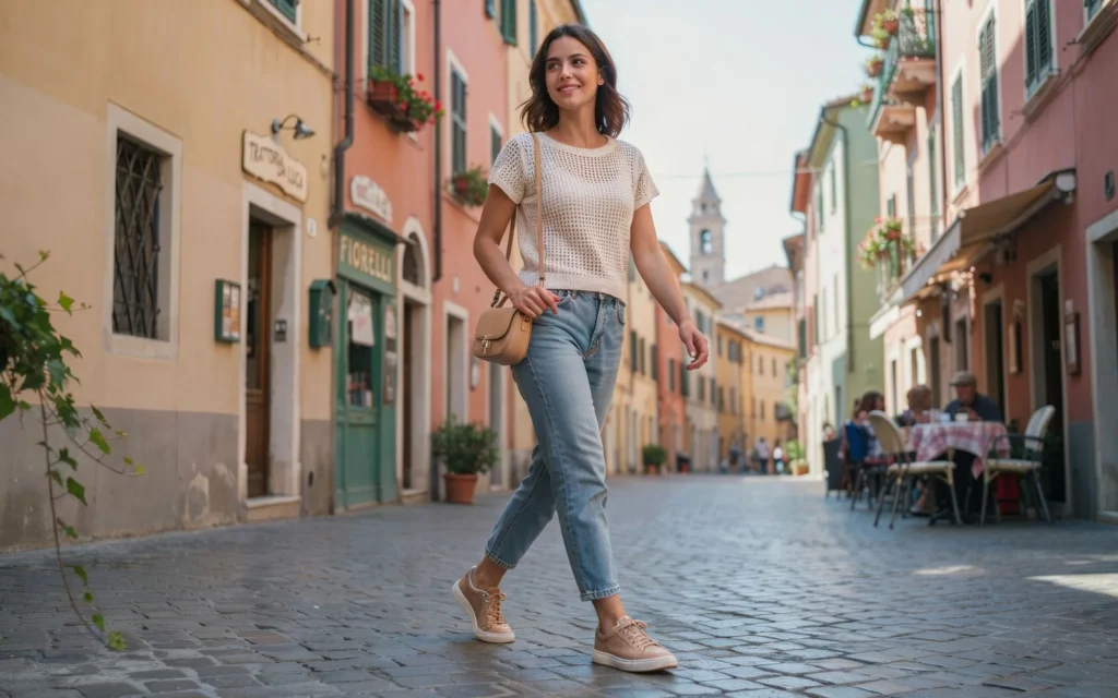 Classic crochet crew neck tee in lightweight cotton yarn showcasing a simple crochet summer top pattern for everyday wear.