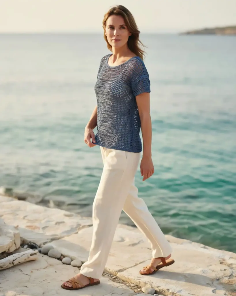 Patina Blue Tide crochet mesh tee styled with cream linen trousers on a stone promenade.