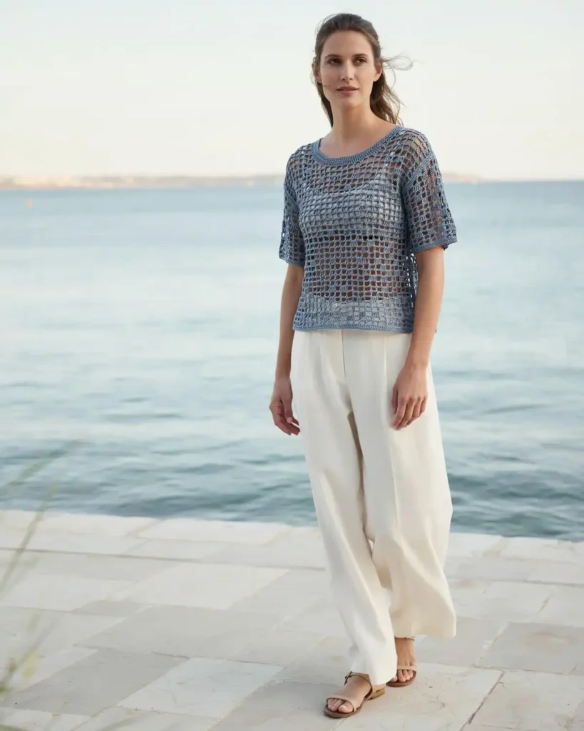 Sand-colored boat-neck crochet mesh top worn over an ivory camisole on a sunrise pier.