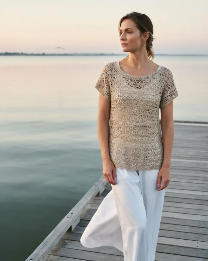 Sea-foam Drift Net raglan crochet top with a seamless mesh yoke beside a fishing boat.