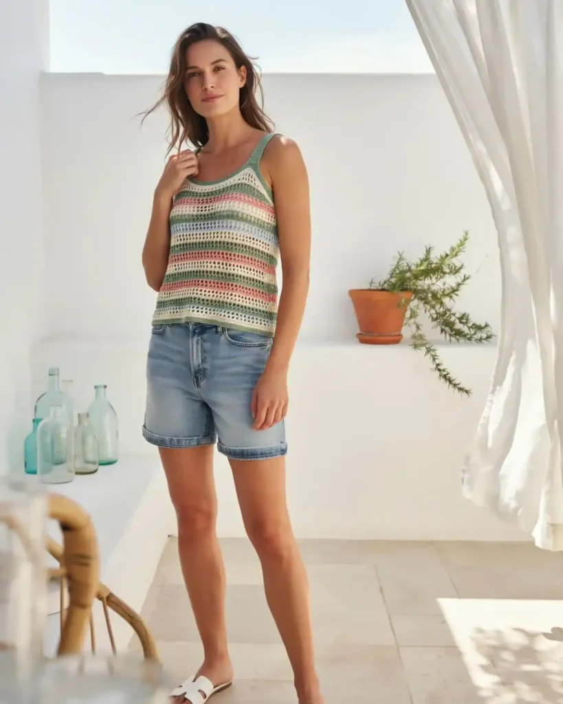 Seaglass Stripe crochet mesh tank in aqua, green, pink and cream with denim shorts.