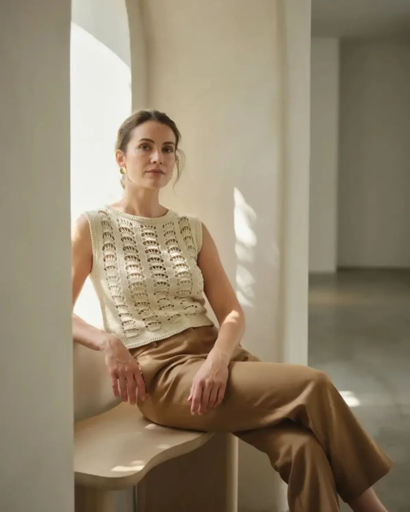 Ivory Modern Shell Current crochet top with elongated shell stitches and camel trousers.