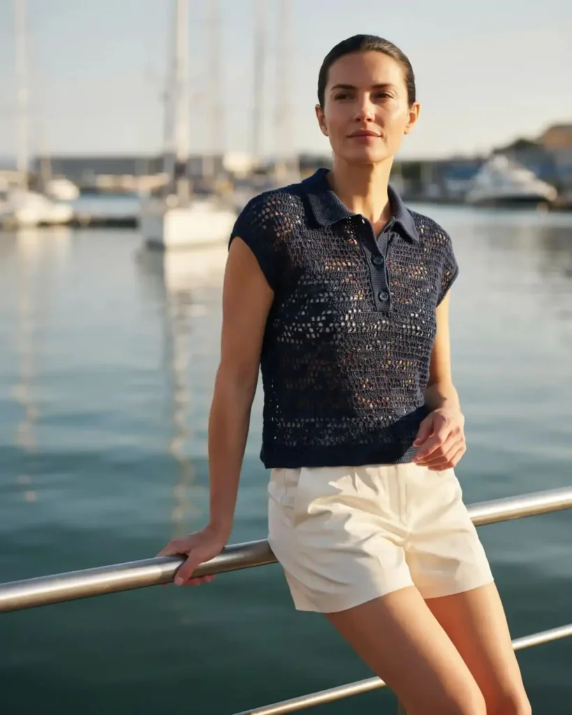 Navy Harbor Collar crochet mesh polo with a structured collar and ivory tailored shorts.