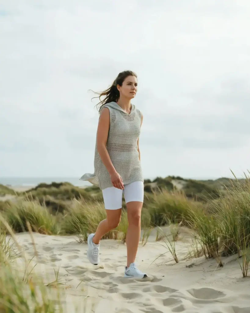 Fog-gray Cape Hatteras hooded crochet mesh top worn over white activewear on beach dunes.