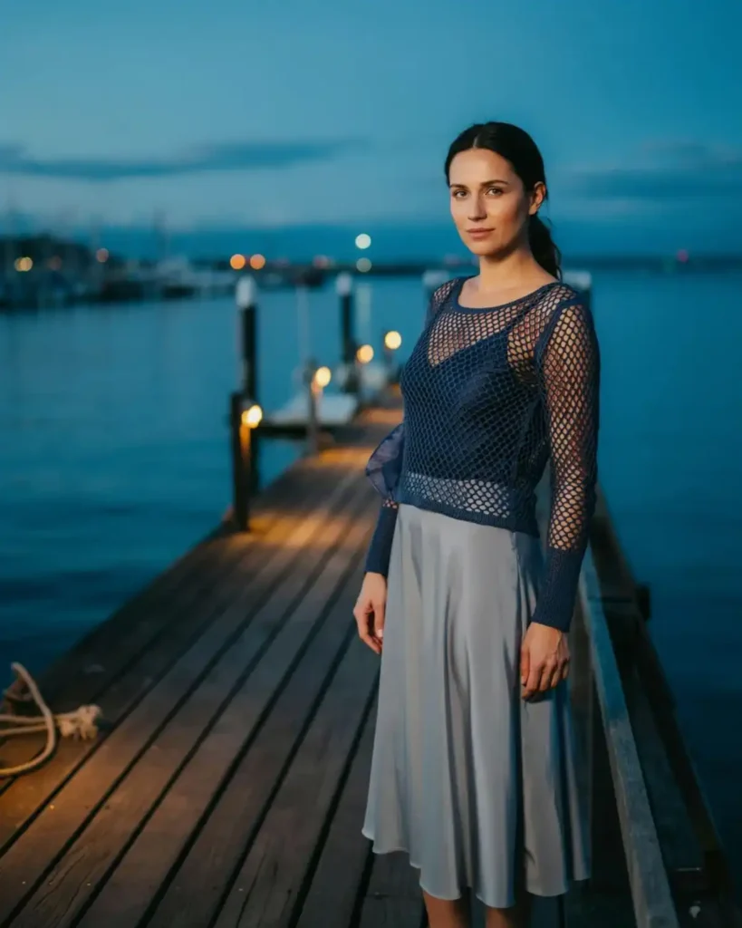 Midnight-blue Moonlit Pier long-sleeve crochet mesh top styled for a coastal evening.