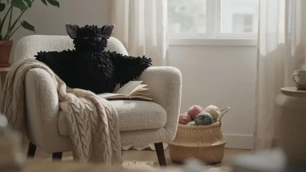 Large black chenille crochet bat plush sitting on a cozy chair.