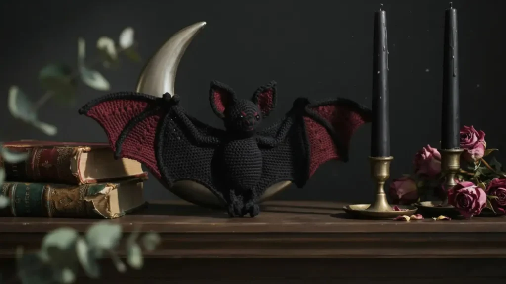Elegant gothic crochet bat with black wings and burgundy details.