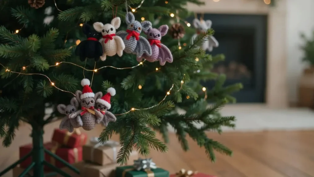 Crochet bat Christmas ornaments wearing scarves and festive hats.