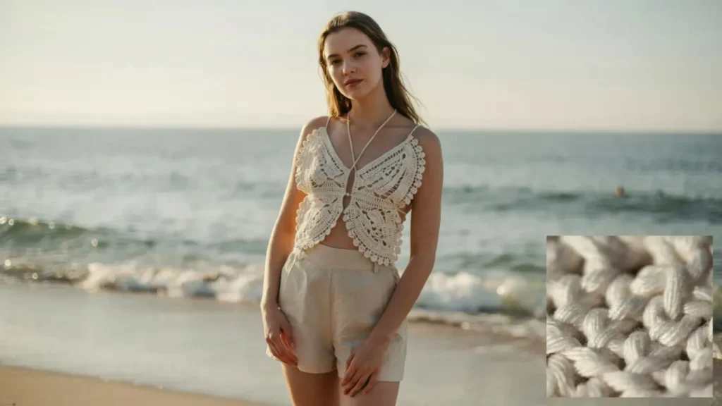 Classic Symbol-Based Body and Wing Chart Woman wearing a white crochet butterfly top with classic wing shape and tie straps on the beach