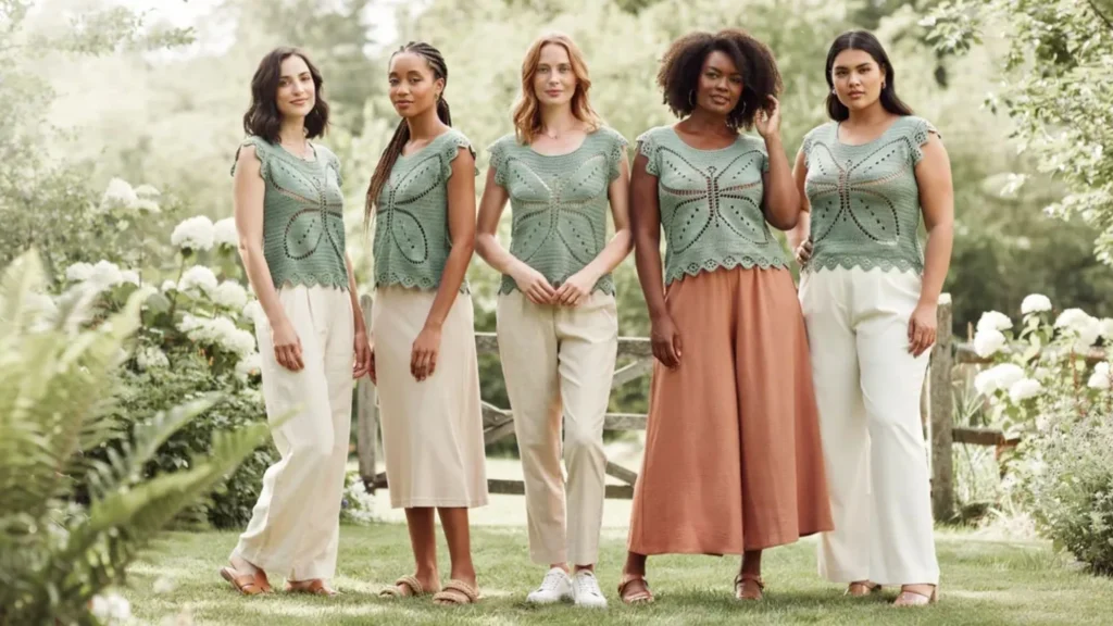 Graded Multi-Size Chart (XS–5XL) Women of different sizes wearing the same graded crochet butterfly top chart pattern in sage green