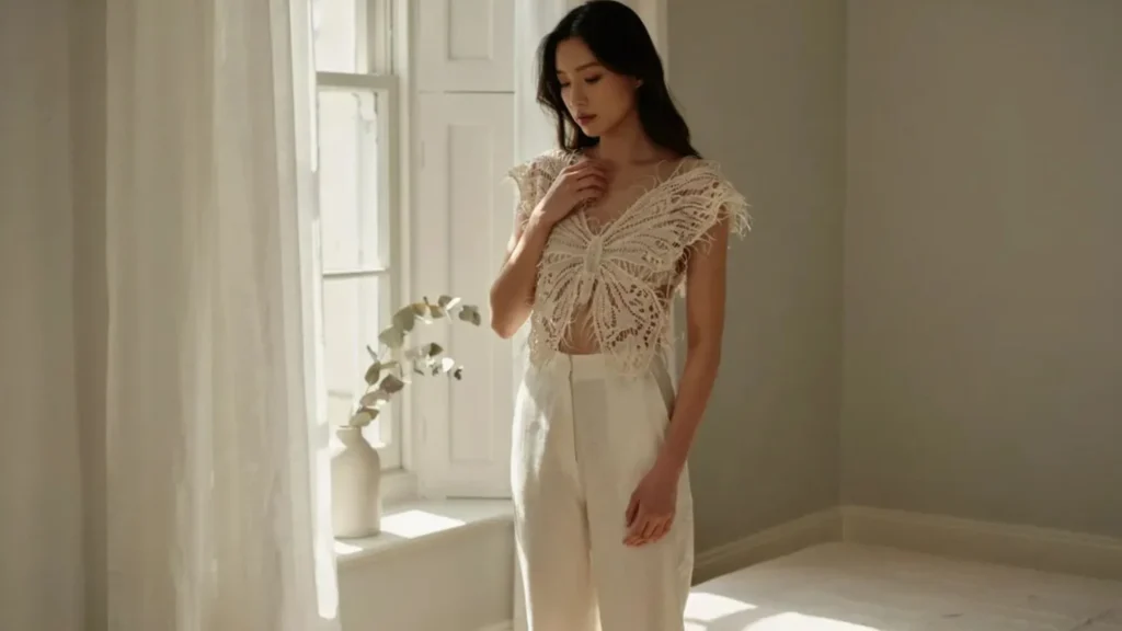 Fingering Weight Lace Chart Sheer ivory lace crochet butterfly top chart made with fingering weight yarn