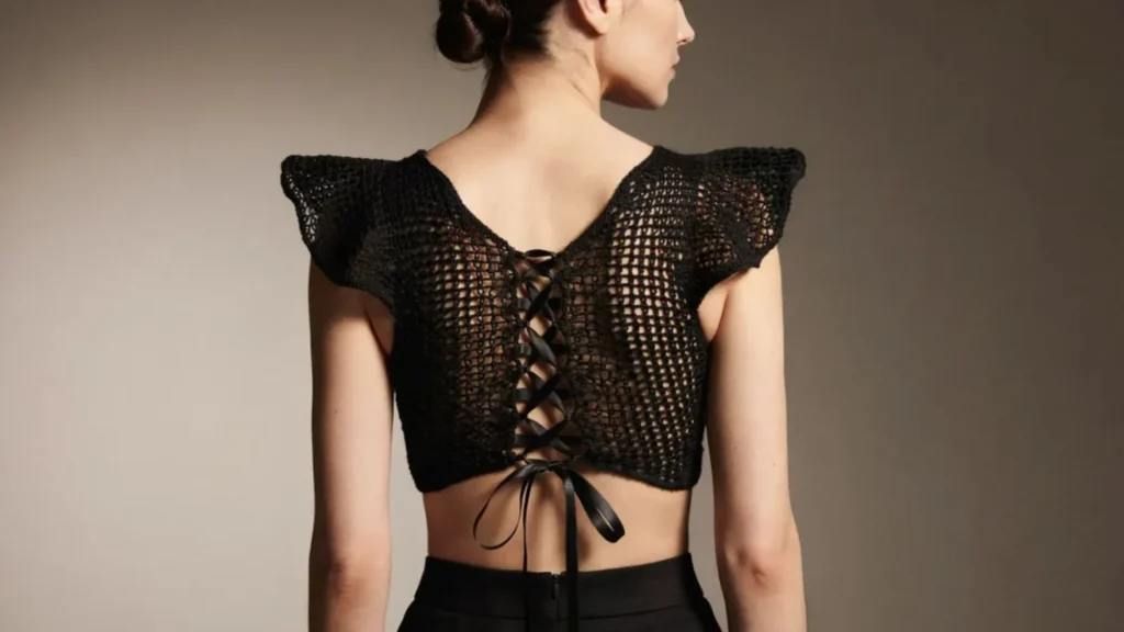 Corset-Back Lace-Up Chart Black crochet butterfly top chart with corset style lace up back detail