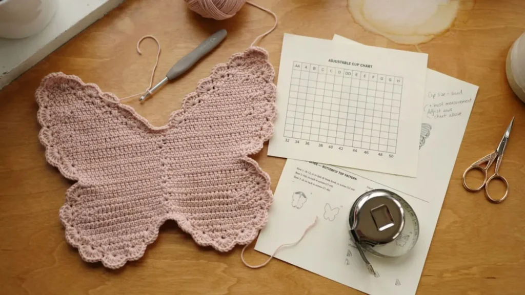 Adjustable Cup Chart with Written Cup Guide Adjustable crochet butterfly top chart with written cup sizing guide and crochet hook