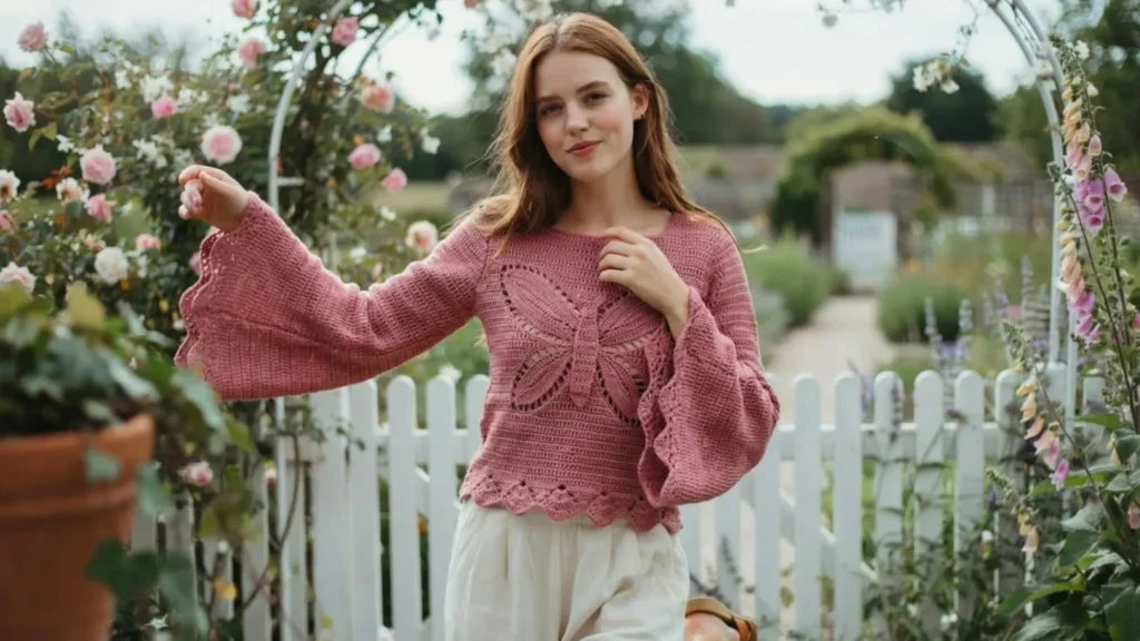 Sleeve Add-On Chart Crochet butterfly top with sleeves chart in dusty rose yarn in a garden setting