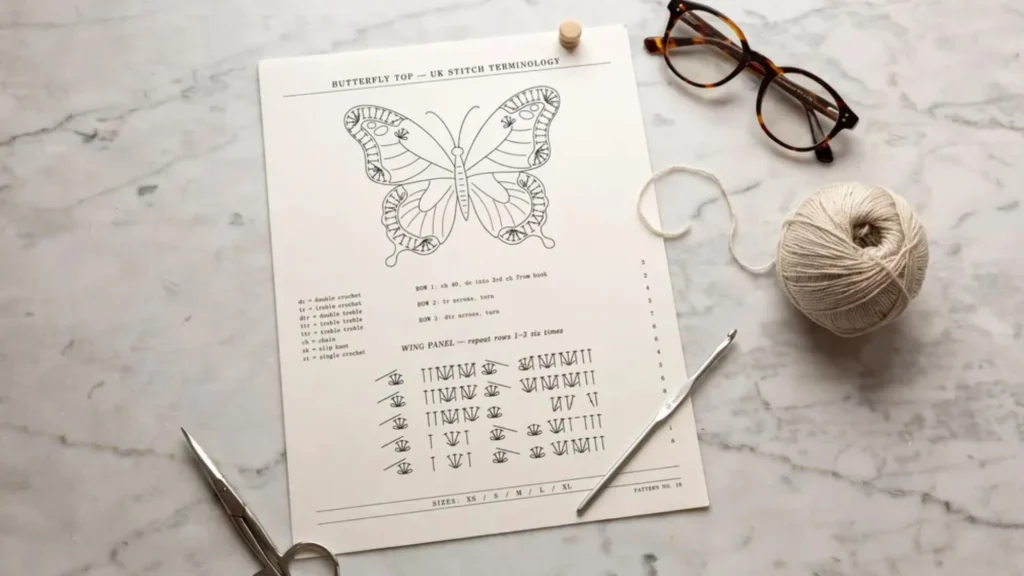 UK Terminology Chart Crochet butterfly top chart pattern with UK crochet terminology and yarn