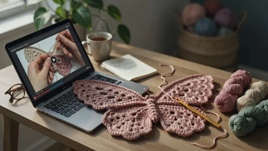 Video-Paired Chart Crochet butterfly top chart in progress next to a video tutorial on laptop