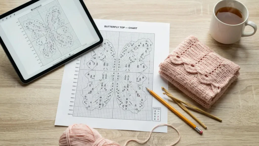 Digital PDF Chart with Printable Grid Free crochet butterfly top chart pdf with printable grid and finished top